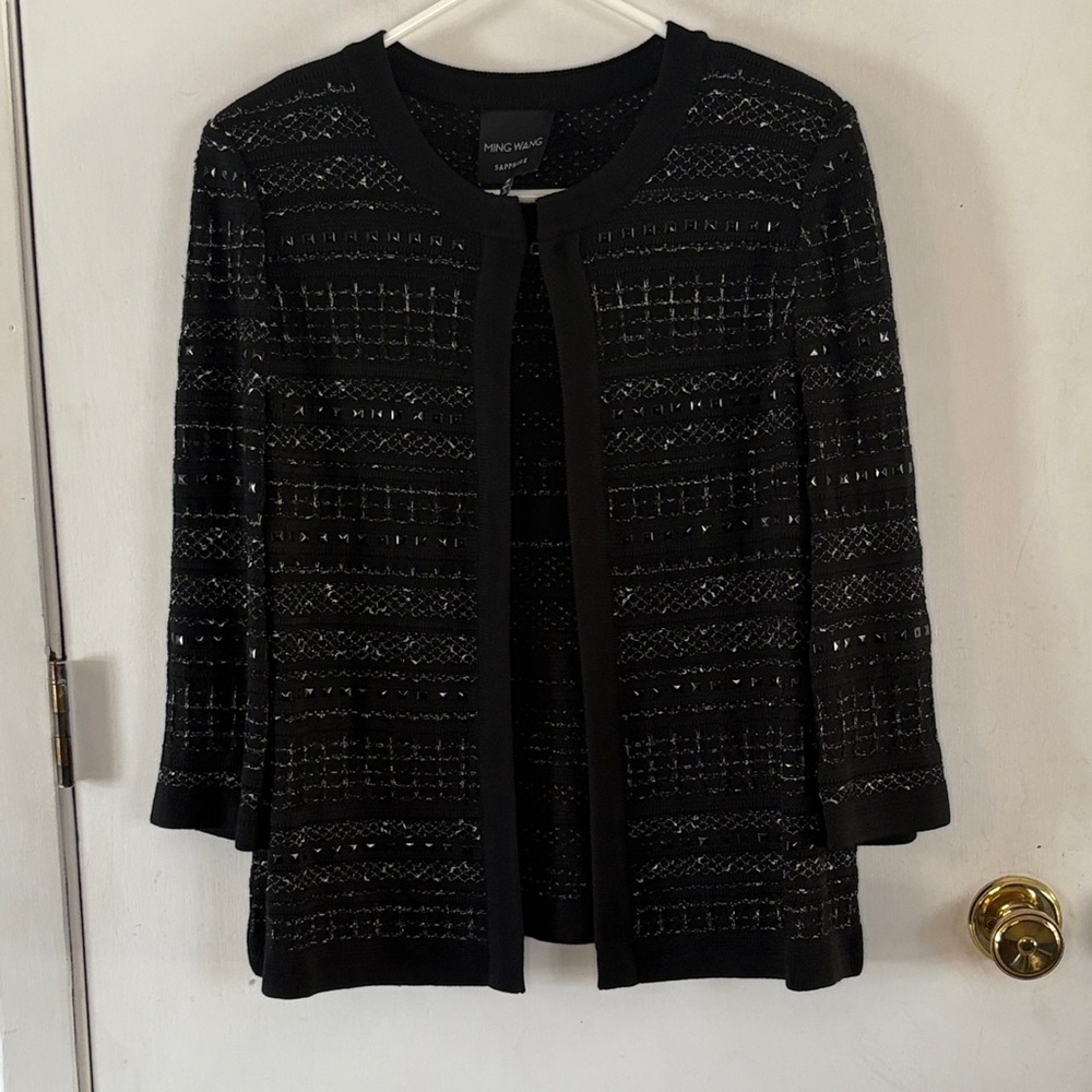Ming Wang Sapphire black metallic silver beaded embroidered jacket Size Medium